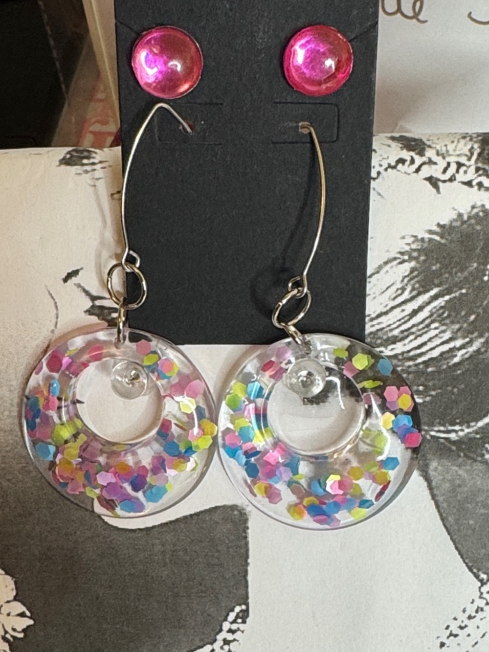 Clear Confetti Donut Hoop Earrings - Pink, Blue, Yellow, Green